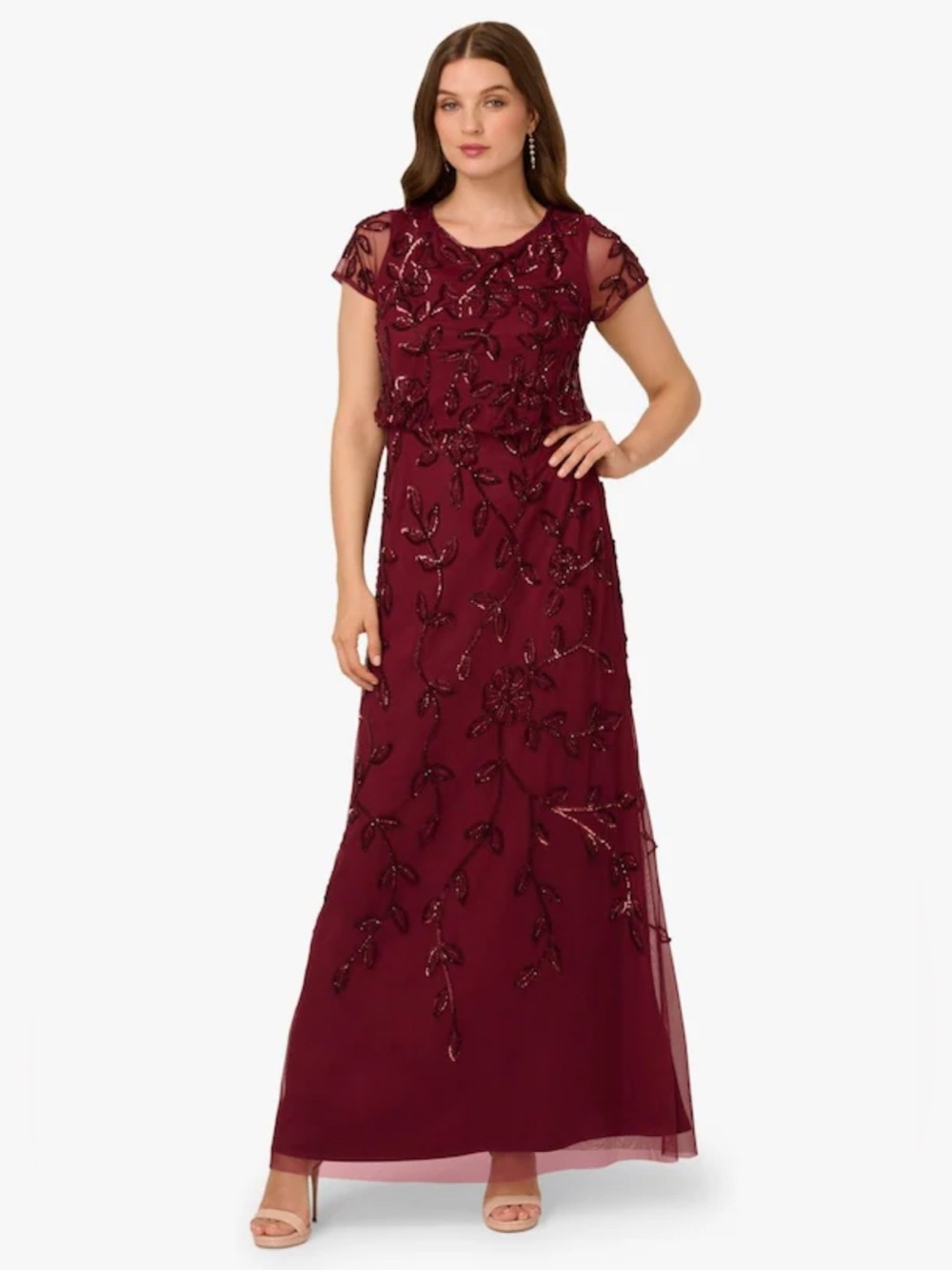 Adrianna Papell Burgundy Beaded Maxi Dress